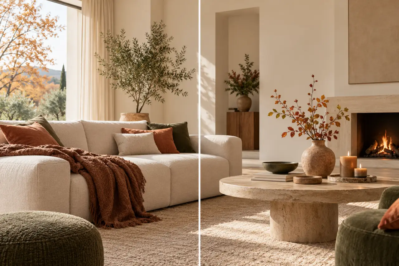 Décoration automne chaleureuse dans un salon aux tons écru, terracotta et vert mousse