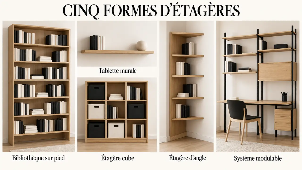 Meuble étagère en bois : bibliothèque, tablette murale, étagère cube, modèle d’angle et système modulable