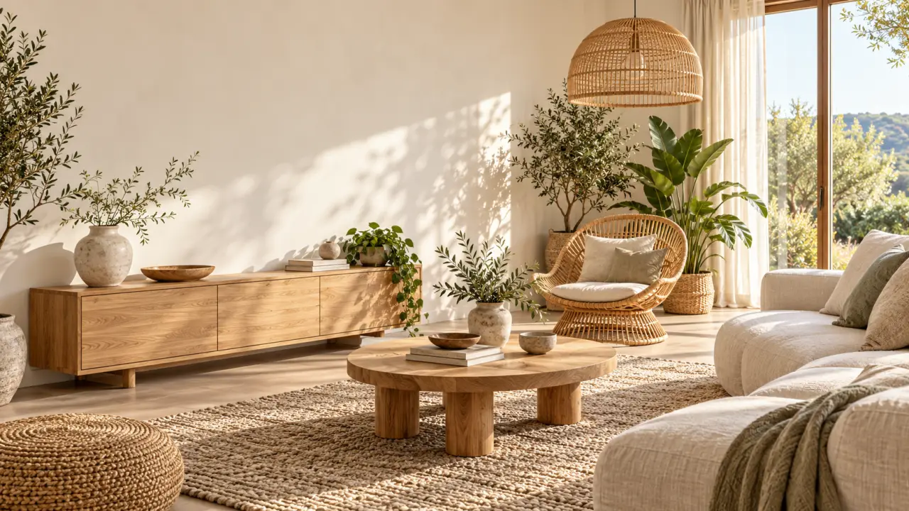 Salon chaleureux avec mobilier en bois massif, fauteuil en rotin et textiles naturels
