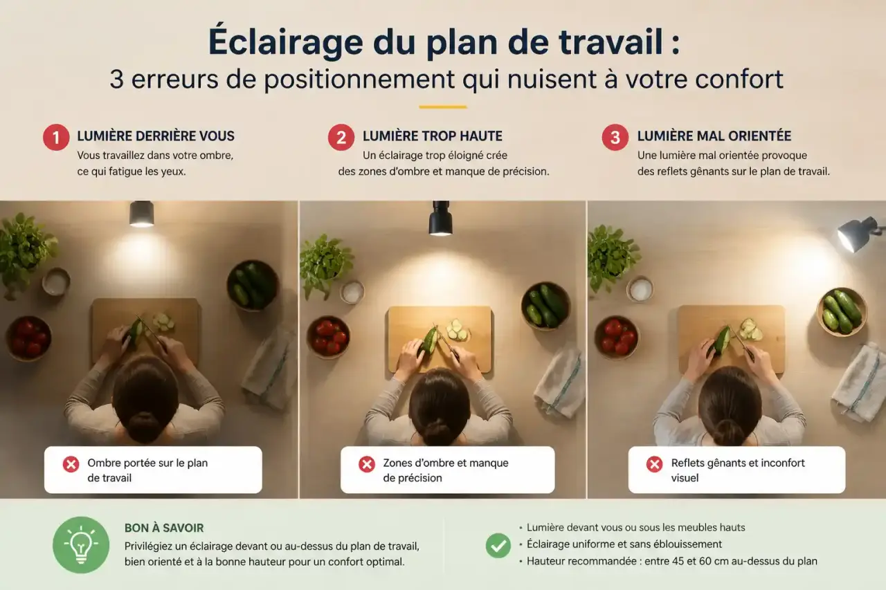 Éclairage du plan de travail : 3 erreurs de positionnement qui nuisent à votre confort