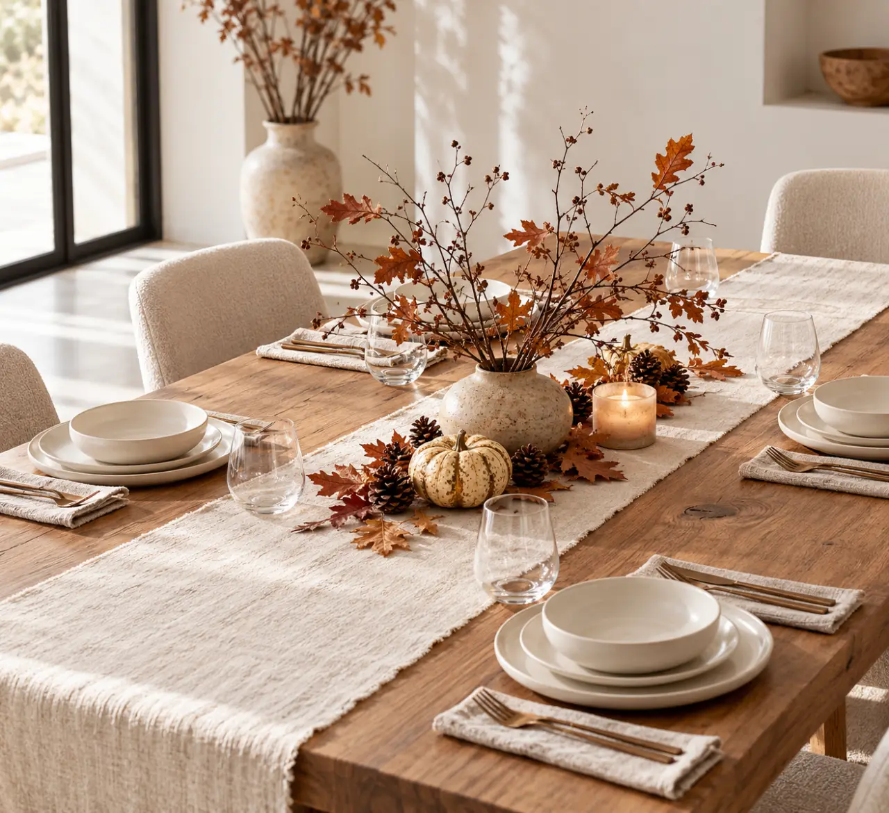 Décoration automne avec centre de table bas, vase, pommes de pin et petite courge