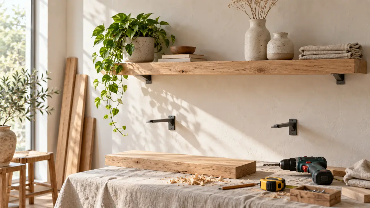 Étagère murale en bois brut décorée avec des objets artisanaux