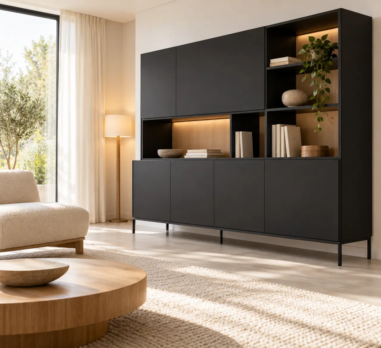 Meuble de rangement noir intégré dans un intérieur lumineux avec bois clair et niches ouvertes