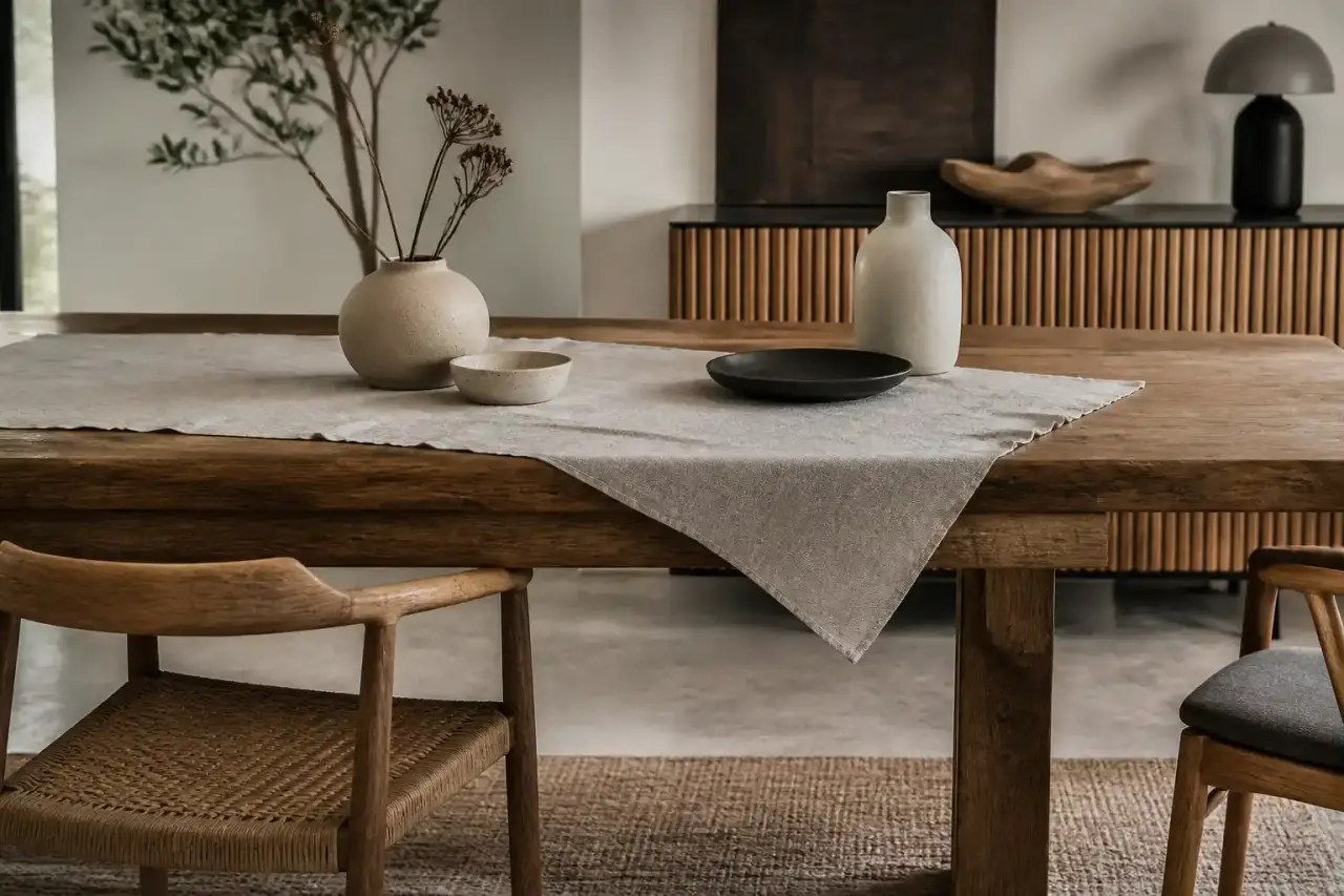Coin salon chaleureux associant bois, lin et céramique dans une lumière douce