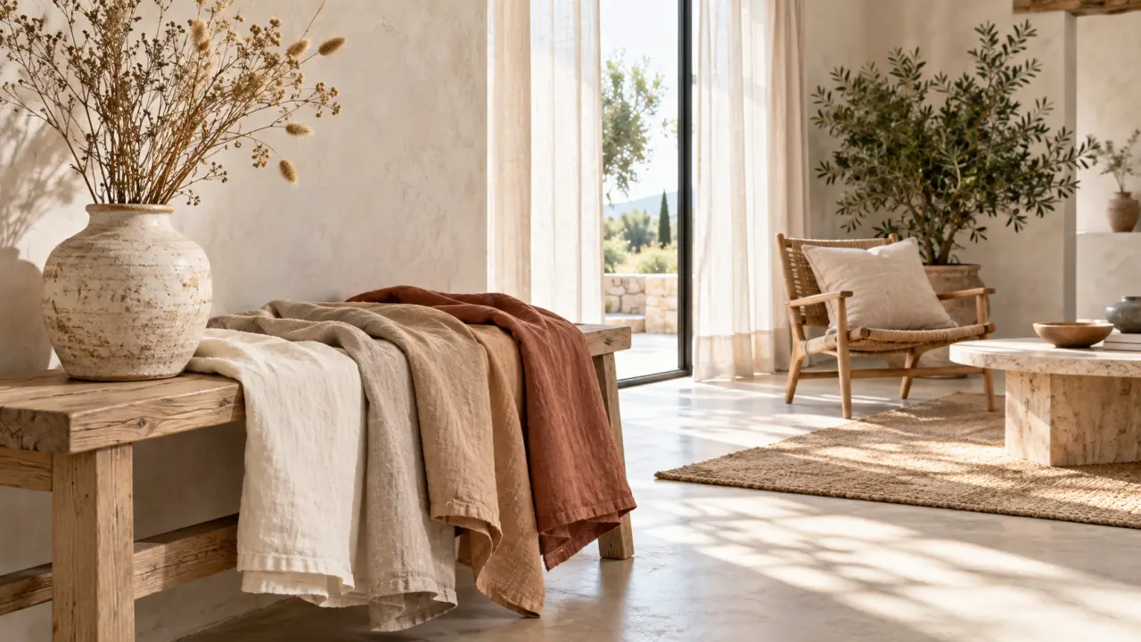 Salon lumineux décoré avec des textiles en lin naturel, du bois brut et une céramique artisanale