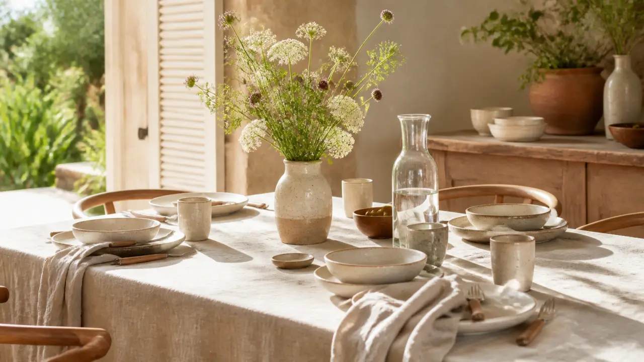 Table d'été dressée avec lin naturel et céramique artisanale